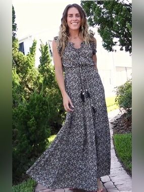 Natural Life Havana Nights Black Floral Maxi Dress with cowrie shell Tassel Tie